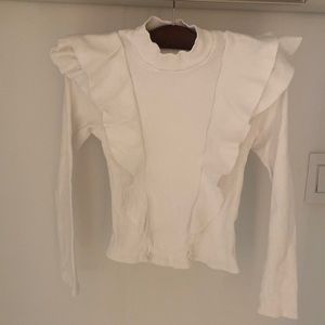 Mock Neck White Ruffle Cotton Long Sleeve Top